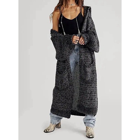 Free People Sweaters - Free People Crofter Cardi Carbon Dust Open Front Hooded Longline Cardigan Sz XS